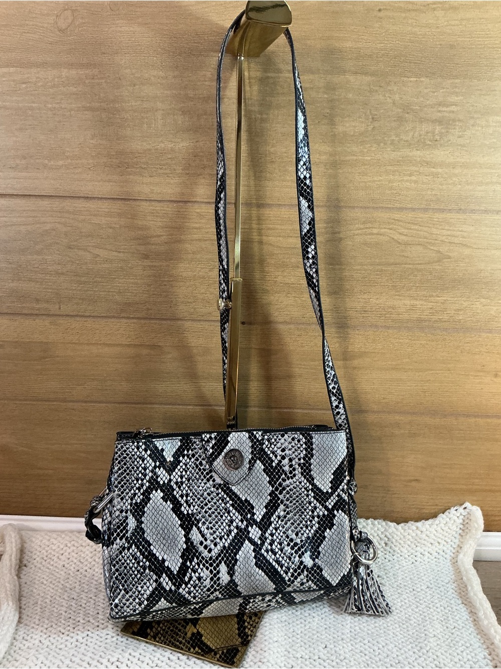 Anne Klein Black White Snake Print Crossbody Bag Tassel Shoulder Purse Y2K